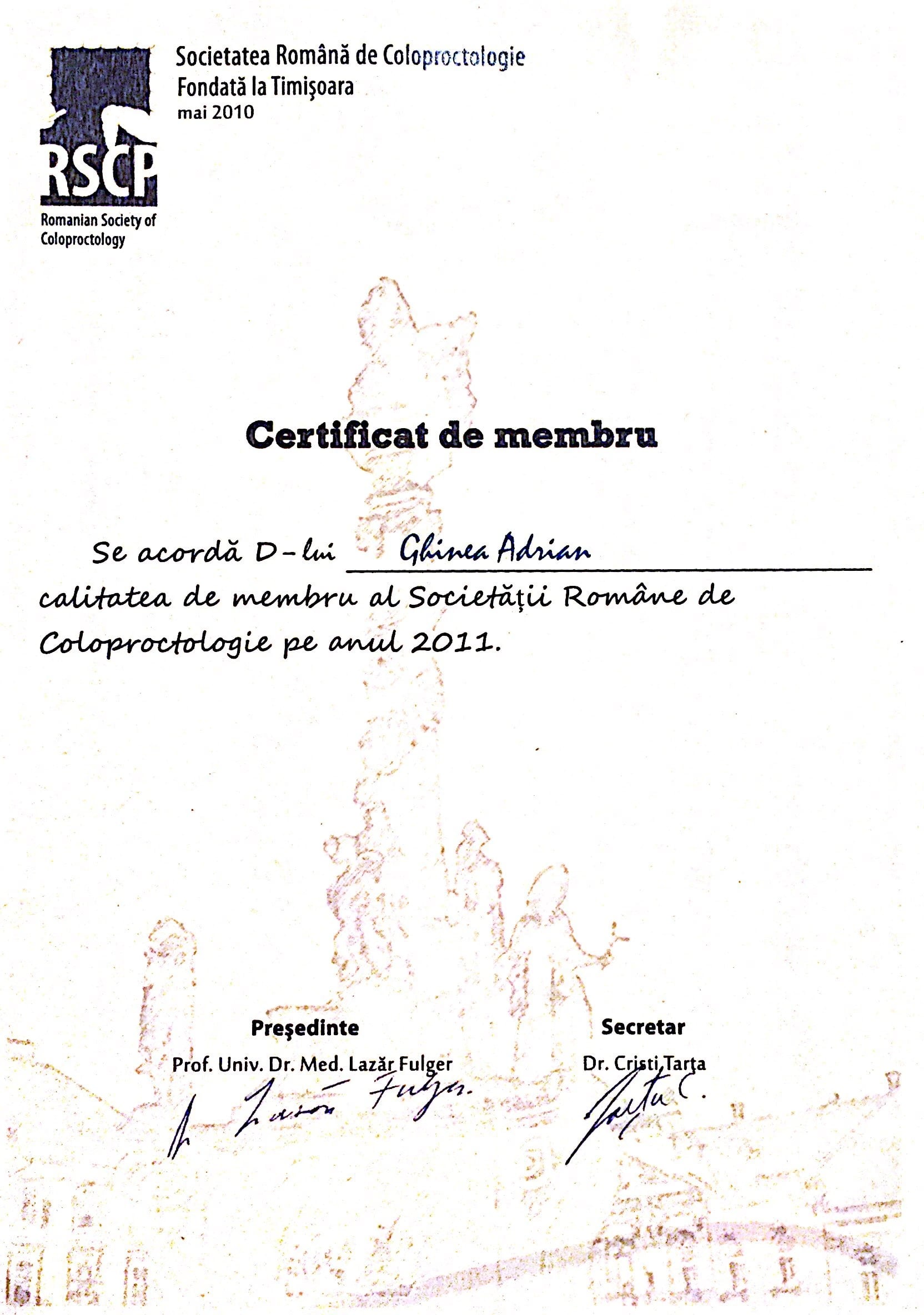 Certificat de membru – Societatea Română de Coloproctologie, 2011 — Societatea Română de Coloproctologie