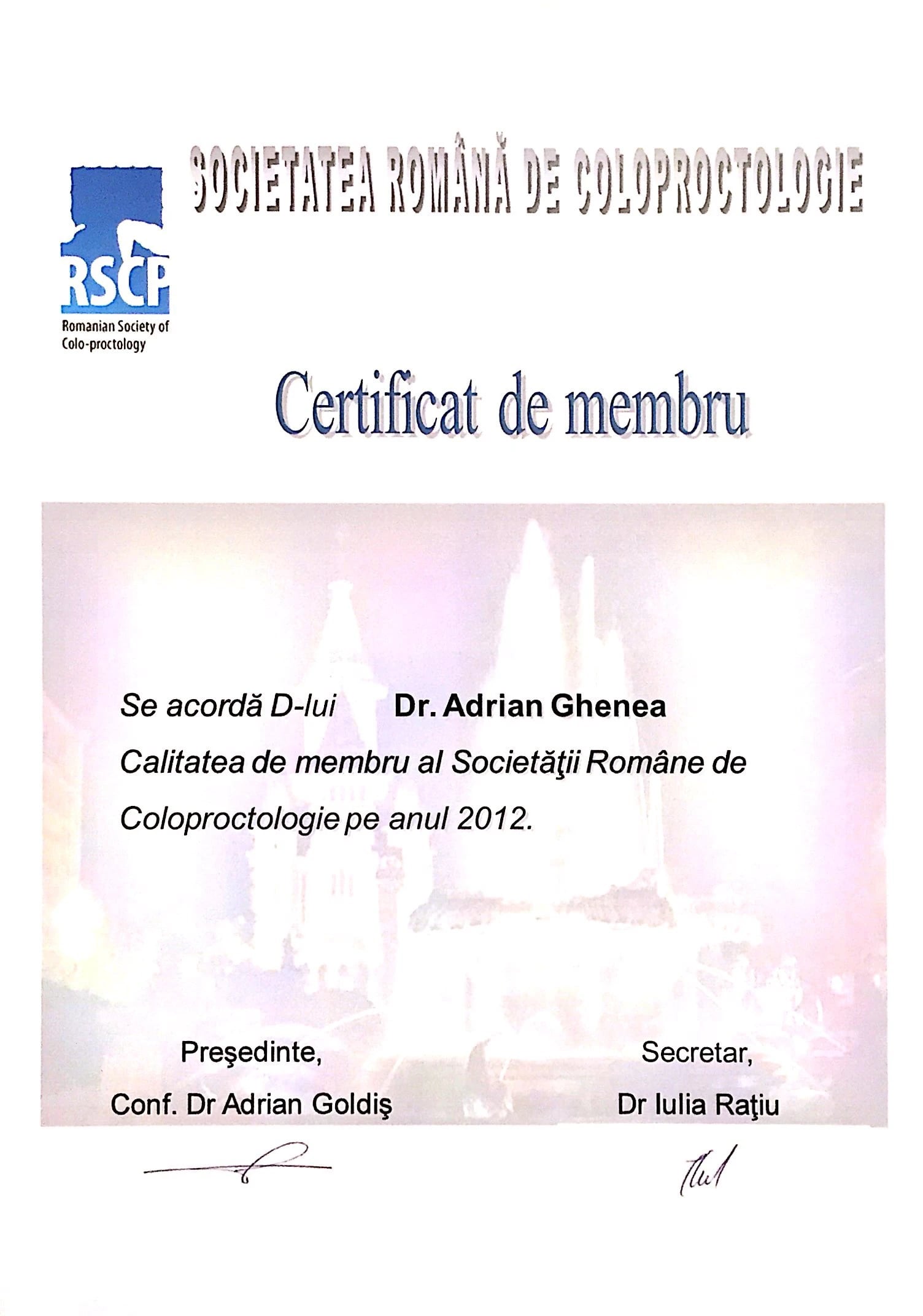 Certificat de membru – Societatea Română de Coloproctologie, 2012 — Societatea Română de Coloproctologie