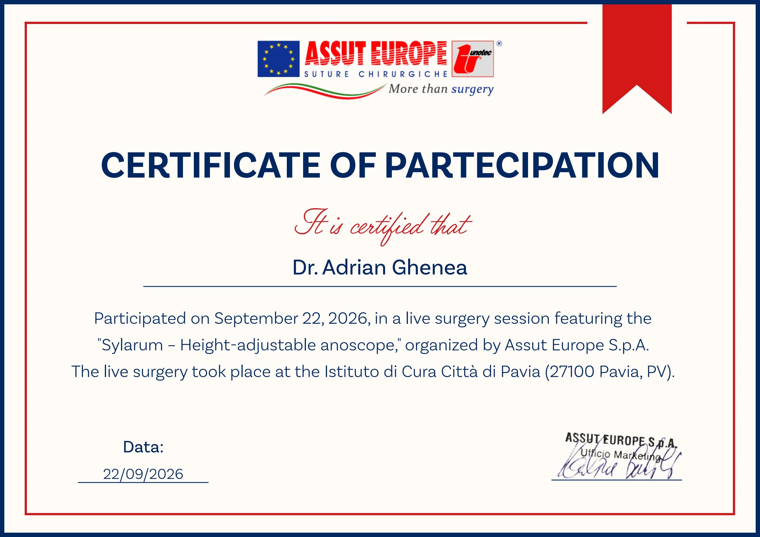Live surgery Sylarum – anoscop reglabil pe înălțime, Pavia — Assut Europe S.p.A.